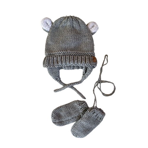 Grey Chunky Knit Hat and Mitten Set Medium / Unisex / Everyday