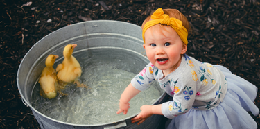 Little girl pointing to a water in a bucket that has a couple ducklings. She's wearing a cute outfit with a yellow bow. Discover sustainable, affordable, gently-loved children's clothing bundles at Bundled, supporting parents and the environment with curated, high-quality options for newborns to toddlers at affordable and cheap price points.